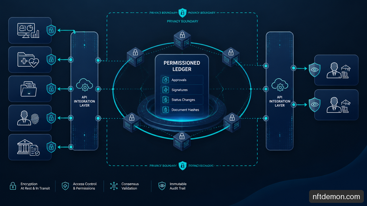 Hybrid blockchain control plane connecting a permissioned ledger with off chain enterprise systems of record.
