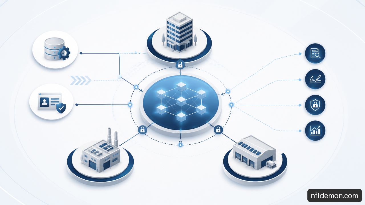 Diagram of a limited permissioned blockchain proof of concept with participants, ERP integration, identity controls, and audit records.