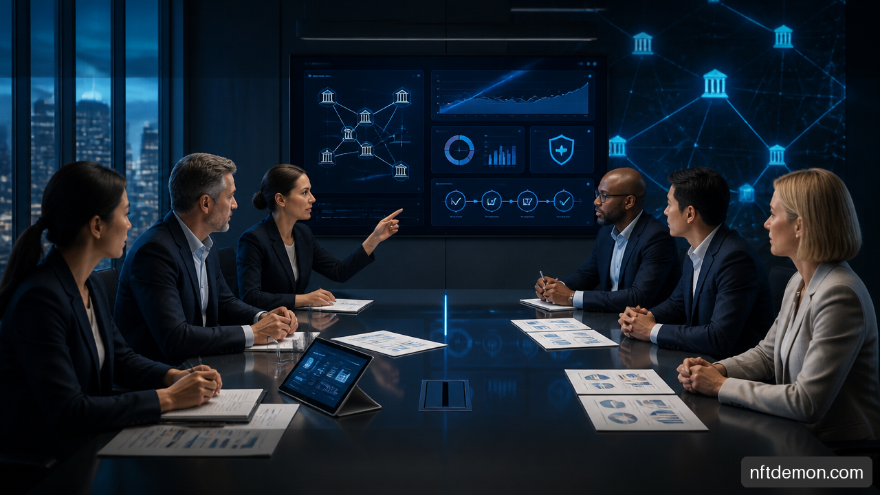 Executive team reviewing an enterprise blockchain proof of concept approval dashboard.