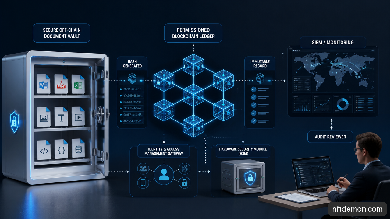 Diagram of off-chain data storage, blockchain hashes, identity controls, key management, and audit monitoring.