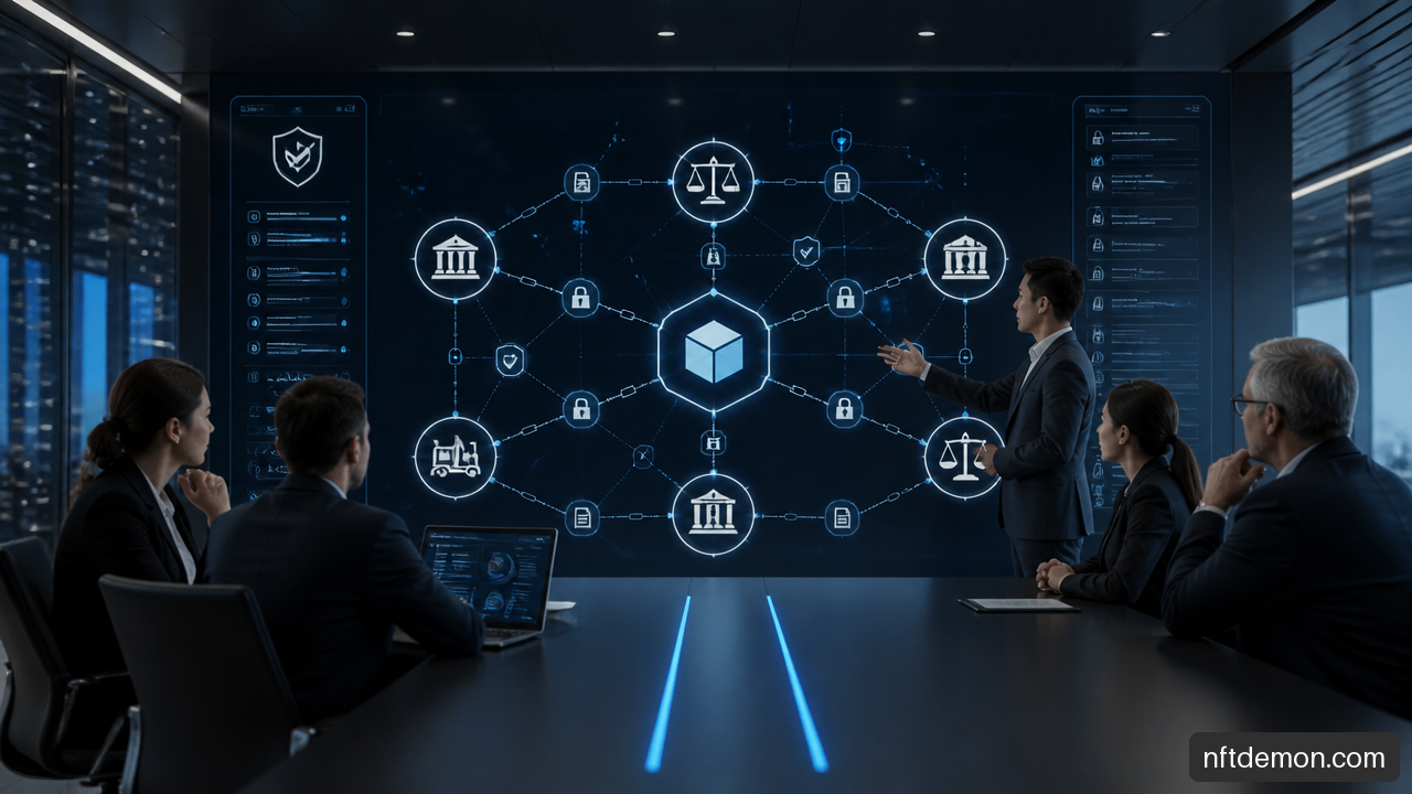 Enterprise leaders reviewing a permissioned blockchain compliance network with audit and access controls.