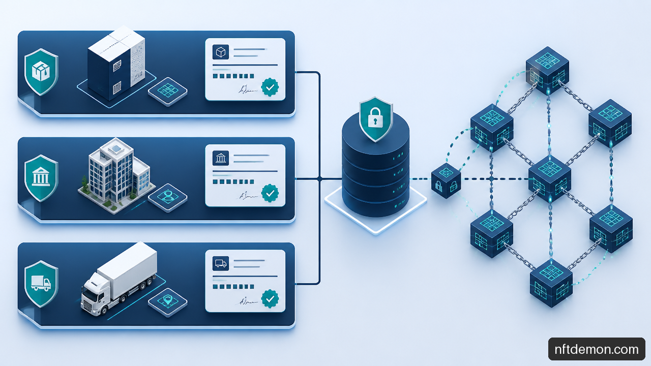 Diagram showing product, participant, and transaction identity layers linked to off ledger data and a blockchain audit record
