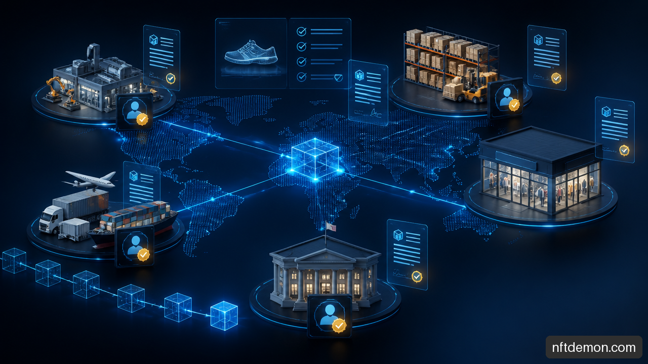 Enterprise supply chain network connected through blockchain traceability records and verified digital identities