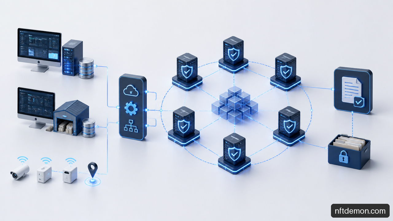 Permissioned blockchain architecture integrating ERP, WMS, IoT, validators, and off-chain supply chain records