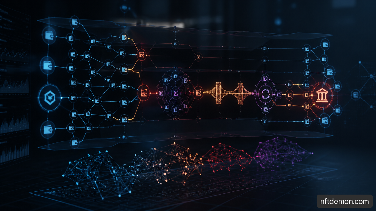 Graph visualization showing cryptocurrency funds moving through mixer, bridge, swap, and exchange obfuscation layers.