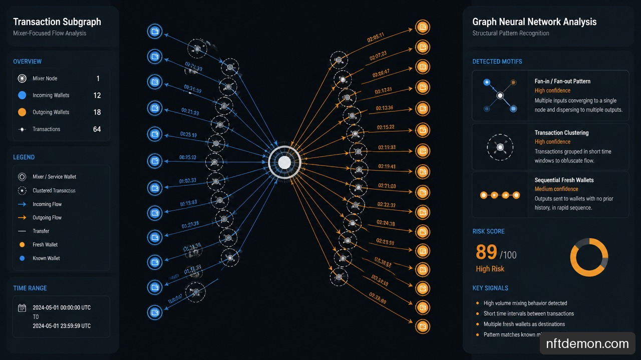Transaction subgraph illustrating mixer adjacent cryptocurrency flows and suspicious fan in and fan out patterns.
