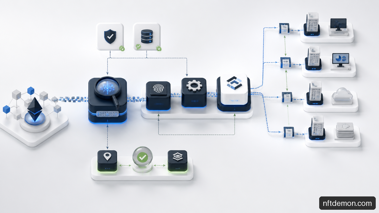 Architecture diagram of smart contract events moving through an indexer, validation layer, message queue, and legacy software adapters.