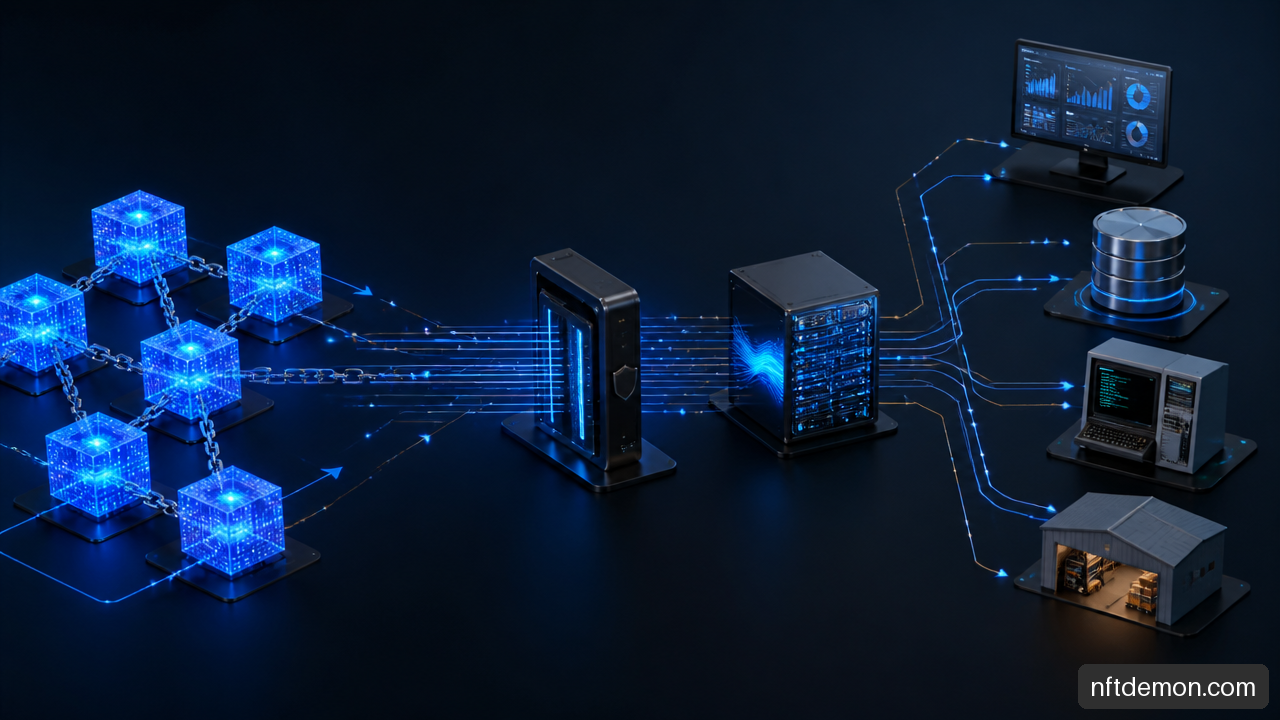 Diagram showing blockchain applications connected through an API gateway and event stream broker to ERP, CRM, mainframe, and warehouse software.
