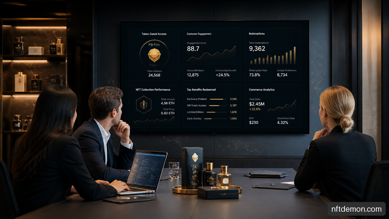Consumer brand executives reviewing NFT loyalty, engagement, and commerce performance metrics.