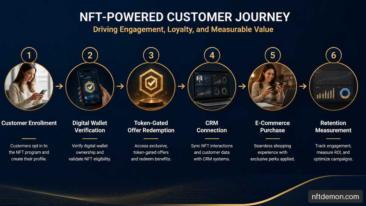 Diagram of wallet-to-CRM linking and token-gated customer engagement measurement.