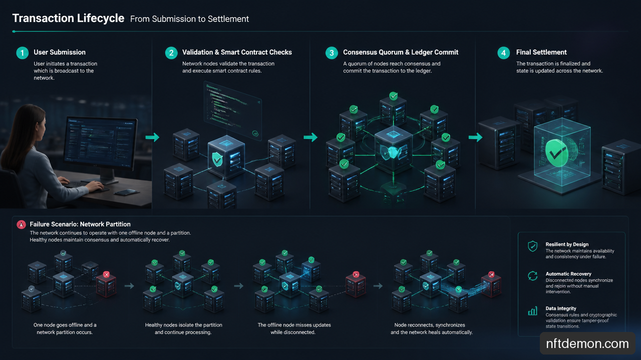 Diagram showing blockchain transaction stages from submission through consensus, commit, finality, and failure recovery.