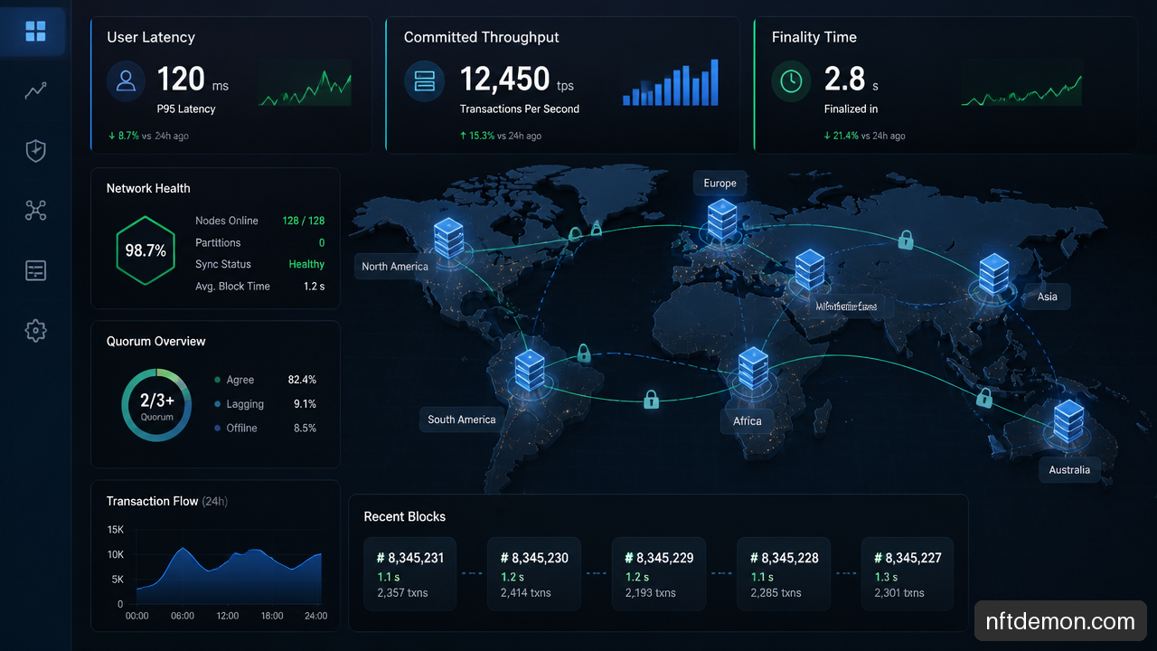 Enterprise blockchain performance dashboard showing latency, committed throughput, finality, and distributed network nodes.