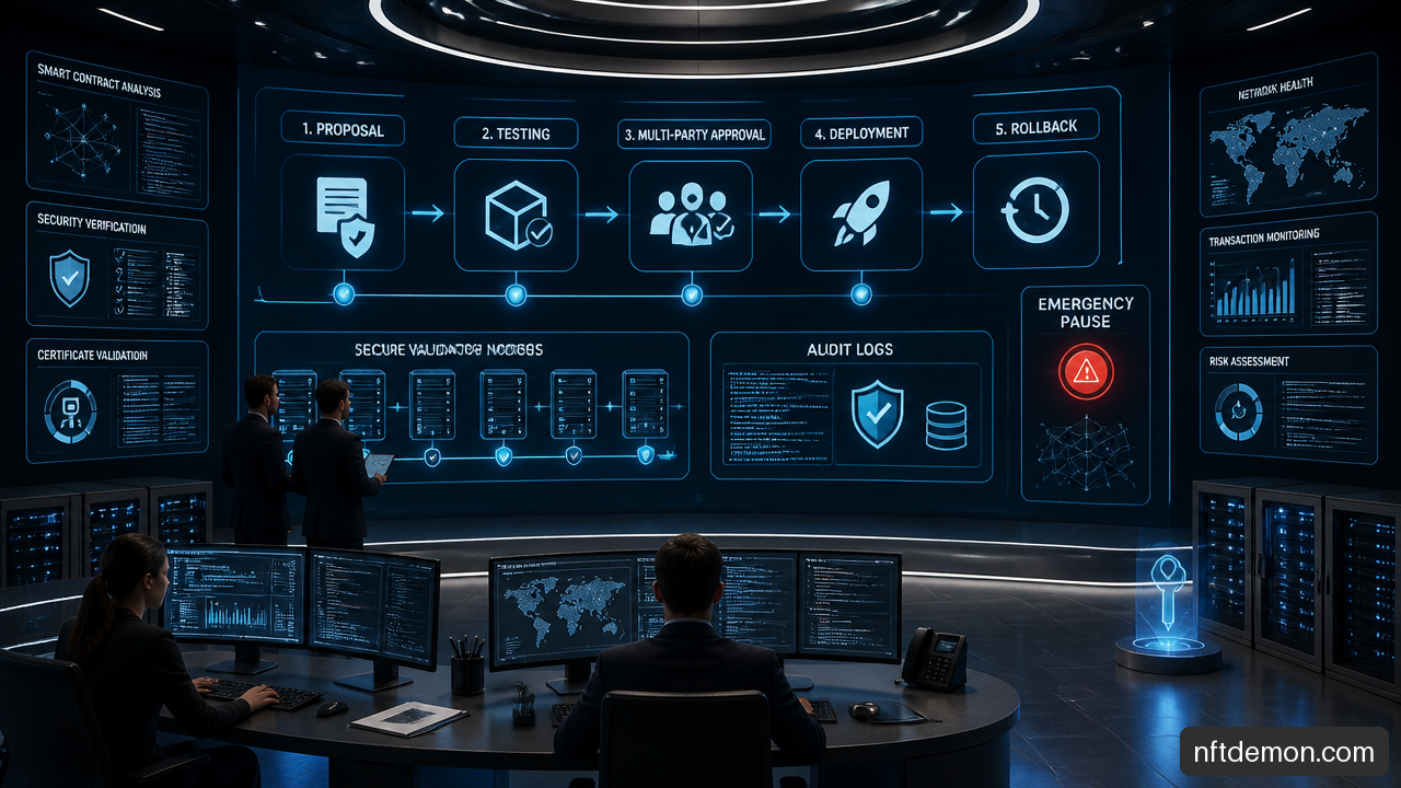 Blockchain upgrade workflow showing multi party approval, audit evidence, and rollback controls