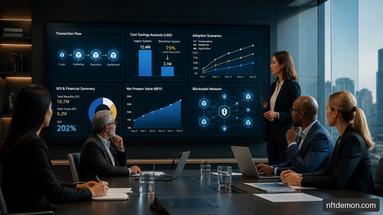 Executives reviewing a blockchain ROI model with financial and adoption metrics