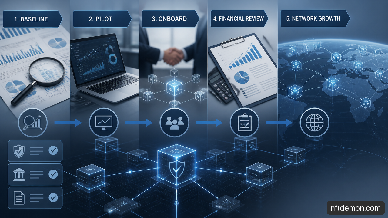 Phased blockchain ROI model from pilot validation to network-scale adoption