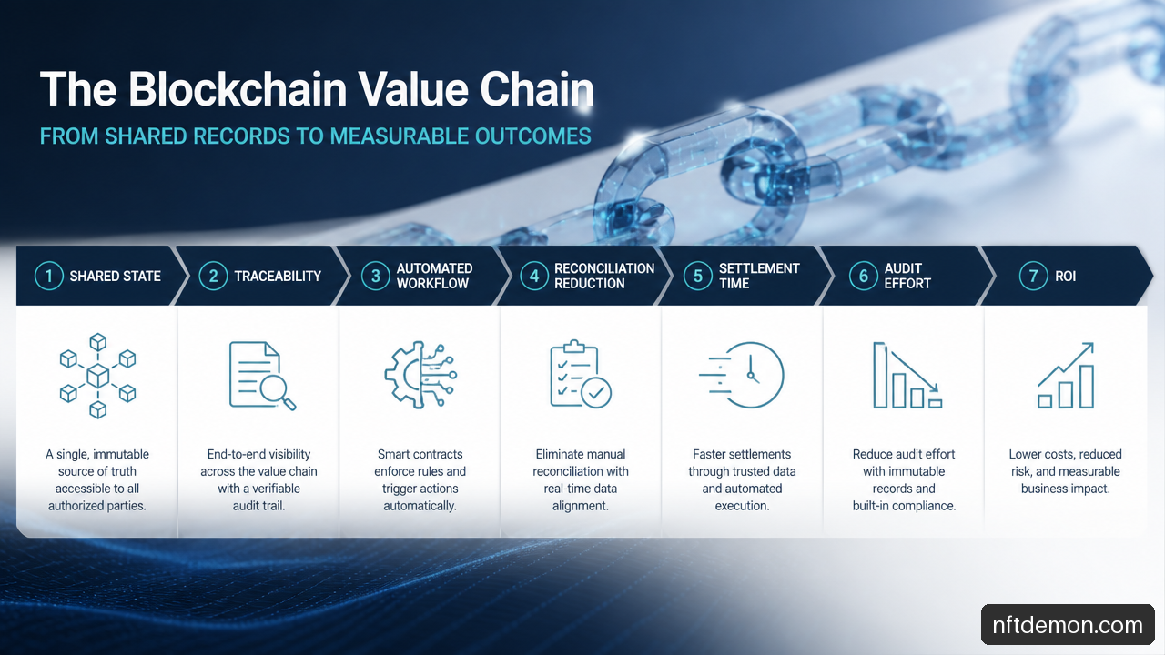 Diagram showing how blockchain capabilities connect to operational KPIs and business outcomes