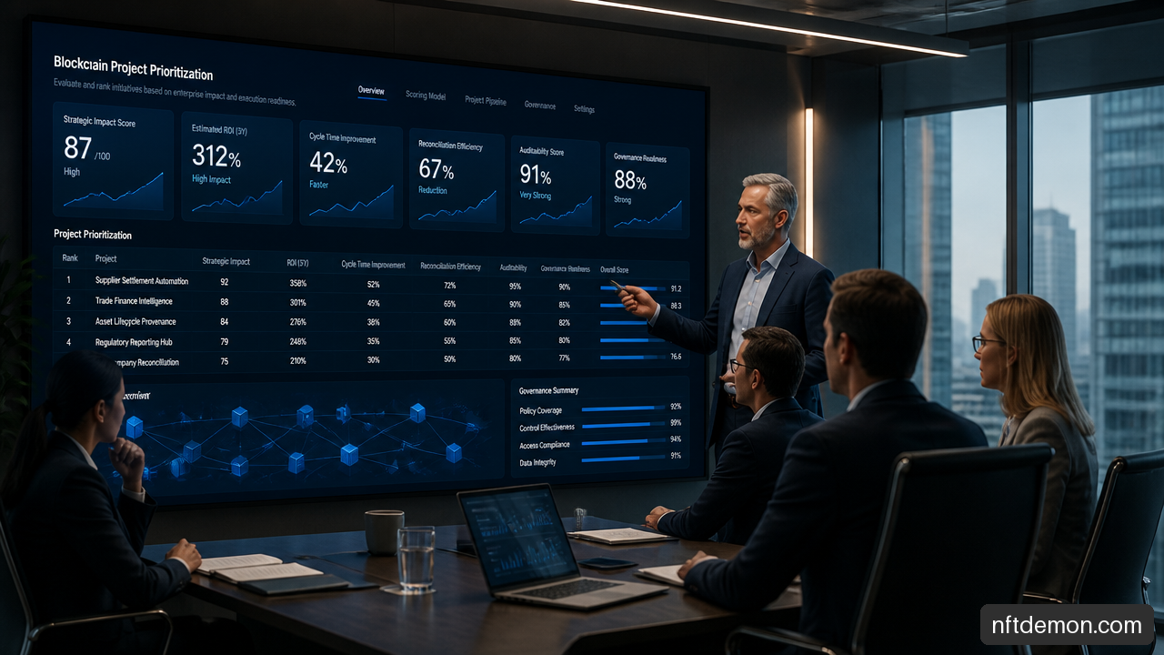 Innovation team reviewing blockchain project priorities and measurable business KPIs on a dashboard