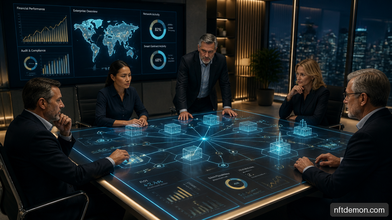 Enterprise leaders reviewing a blockchain business case with connected operations, compliance, and ROI data.