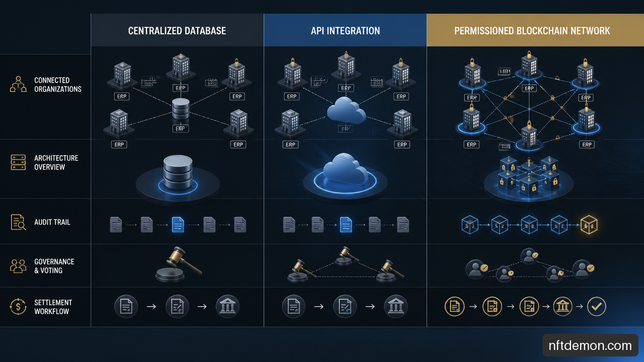 Visual comparison of centralized systems, API integrations, and a permissioned blockchain network for enterprise operations.
