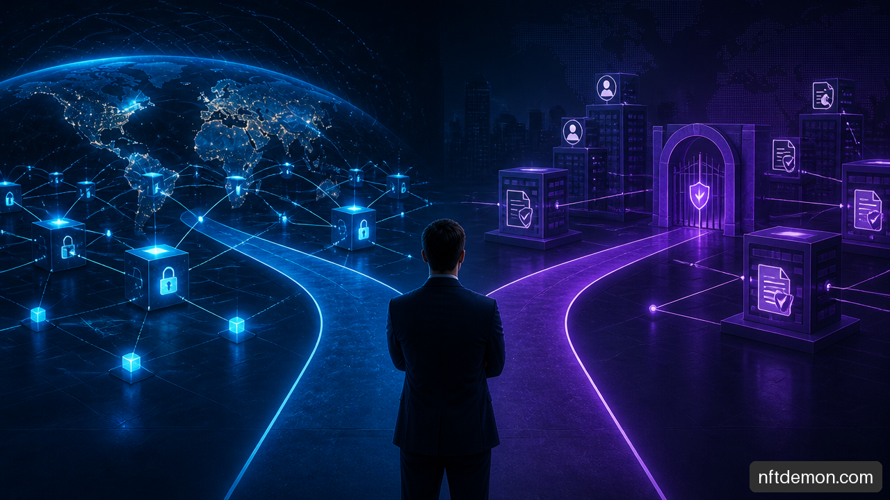 Enterprise decision makers comparing an open public blockchain network with a controlled permissioned blockchain consortium.