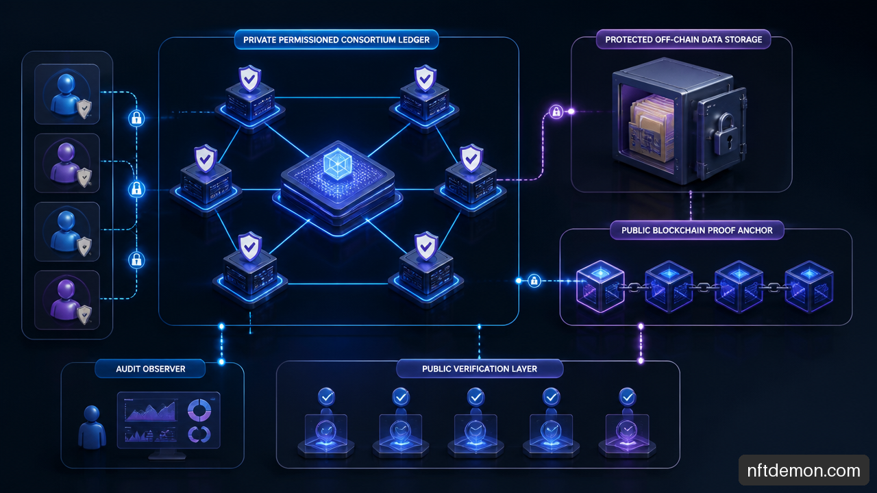 Hybrid enterprise blockchain architecture connecting a permissioned ledger, protected data storage, and a public proof anchor.