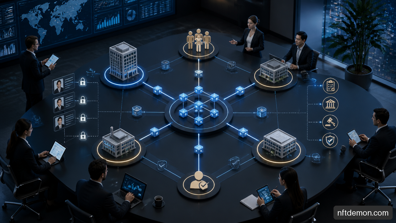 Enterprise blockchain operating model diagram connecting consortium members, validators, governance, and controls.