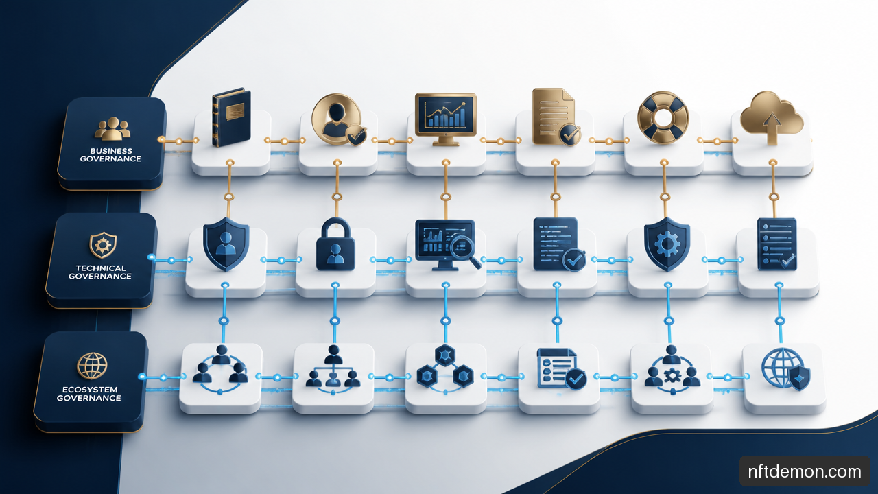 Visual framework connecting business, technical, and ecosystem governance in an enterprise blockchain network.
