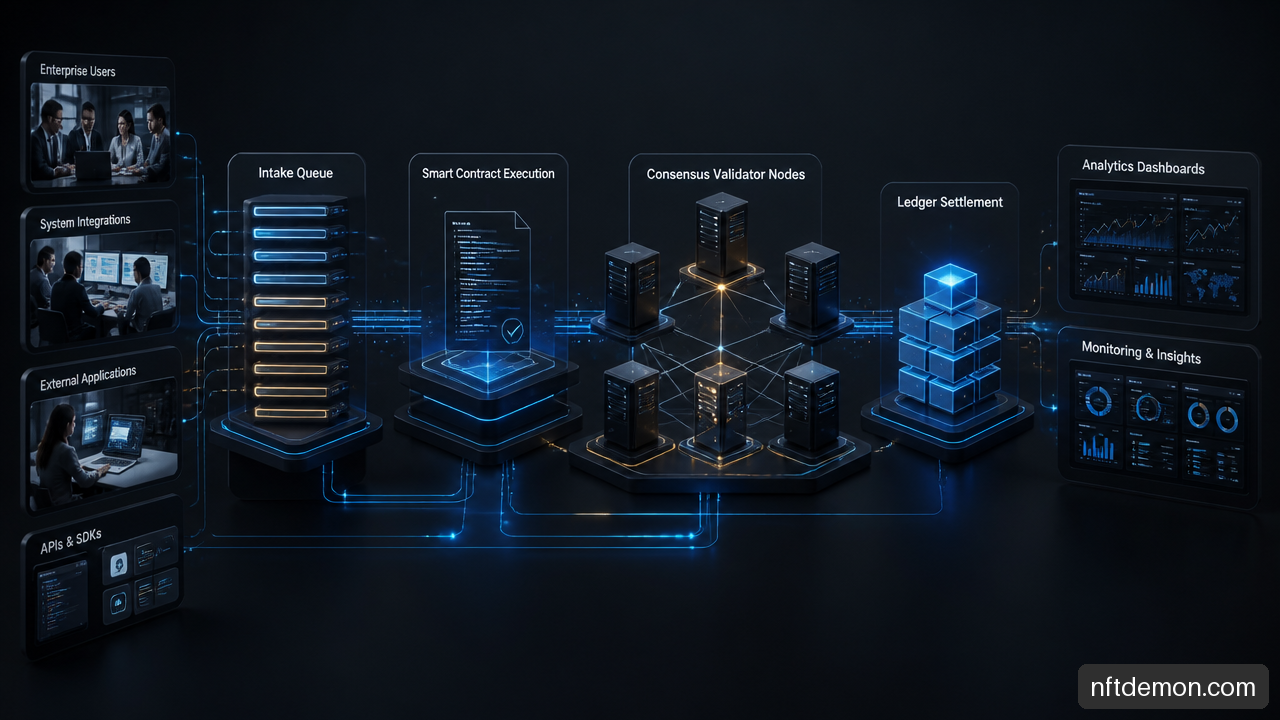 Enterprise blockchain transaction pipeline showing intake, smart contracts, validator nodes, ledger settlement, and analytics.