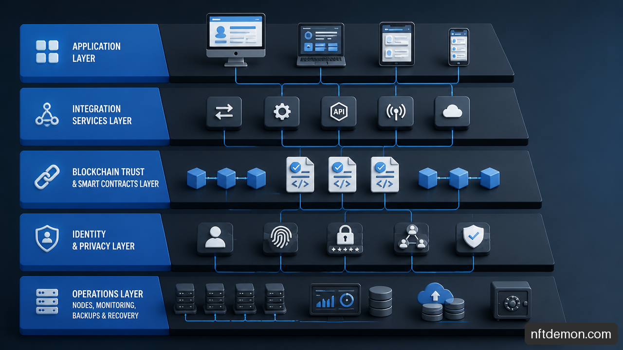 Layered production blockchain architecture showing applications, integrations, trust, identity, and operations.