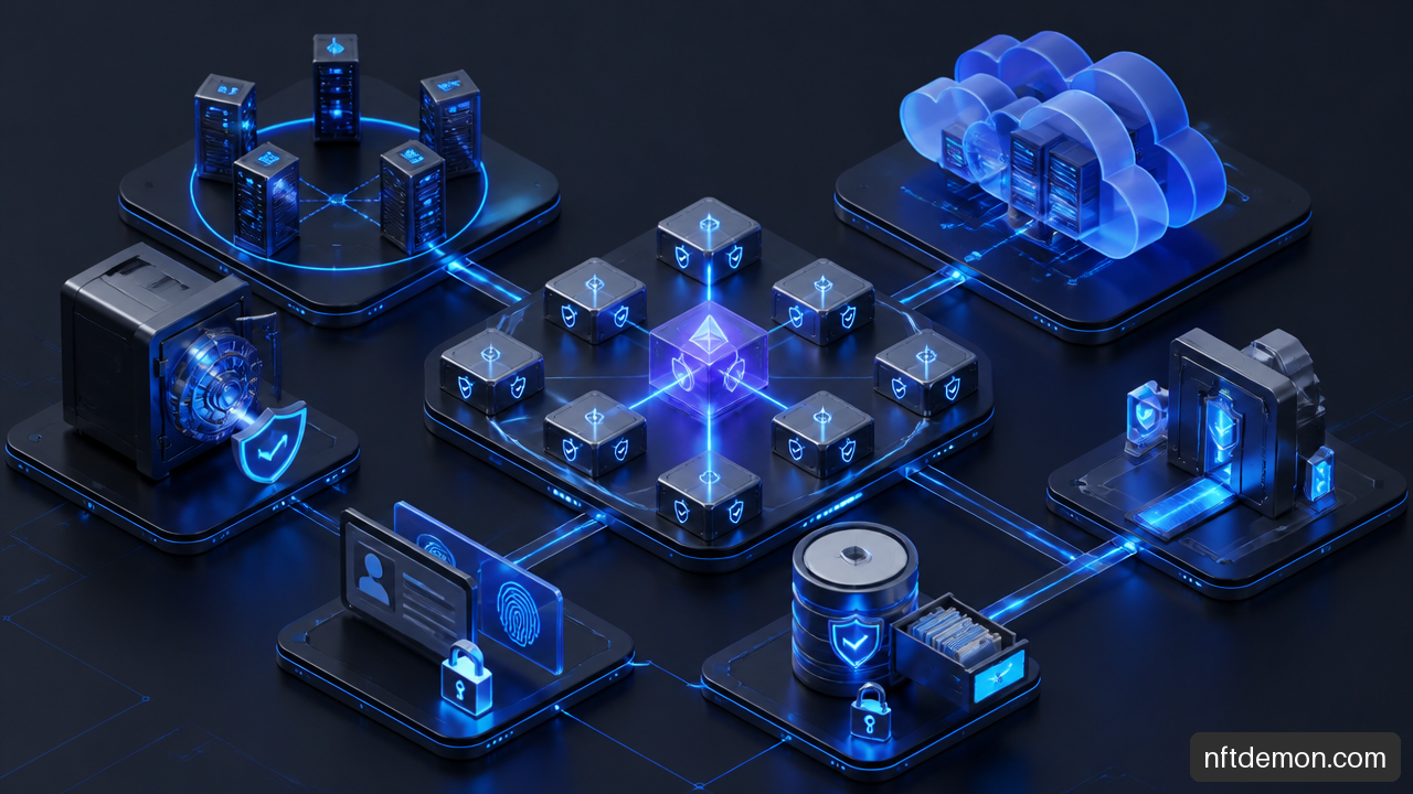 Enterprise blockchain architecture showing secure validator nodes, encrypted data storage, identity controls, and scalable infrastructure.