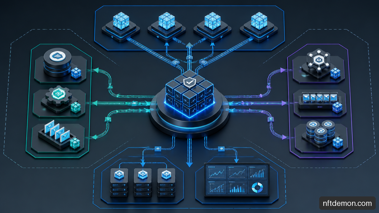 Enterprise blockchain scaling model showing Layer 2 processing, off chain storage, read replicas, and settlement to a central ledger.