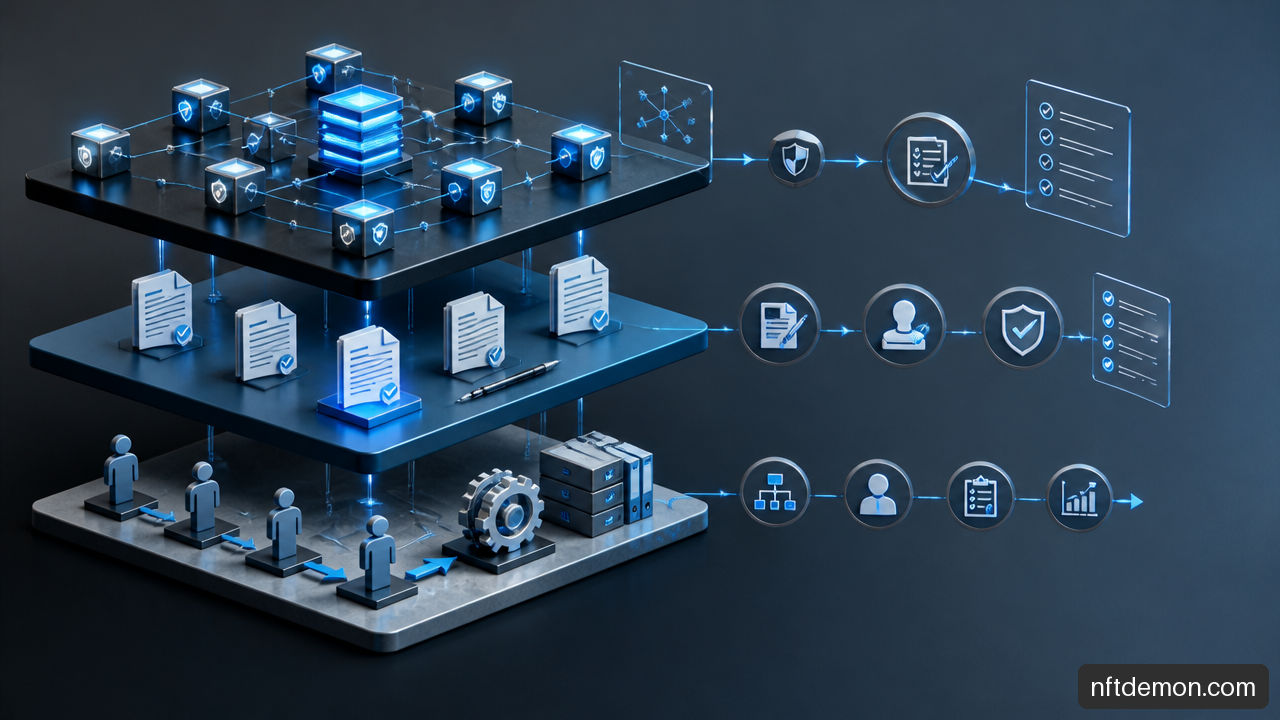 Diagram illustrating protocol, legal, and operational governance layers for an enterprise blockchain network