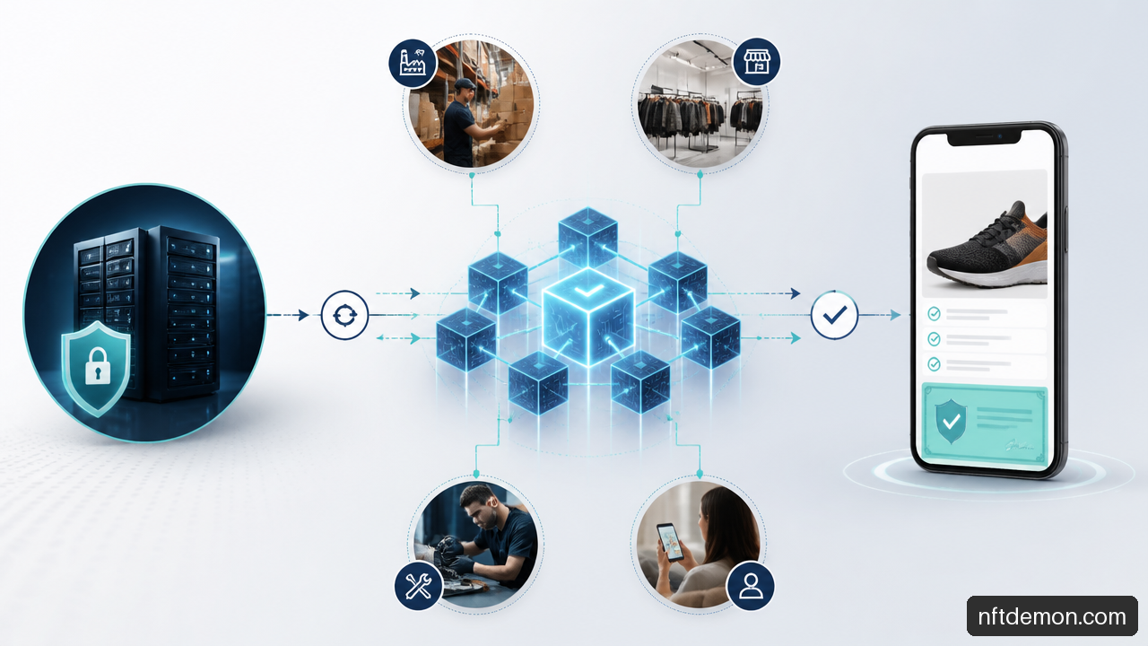 Hybrid blockchain architecture connecting private customer data with a consumer product certificate.