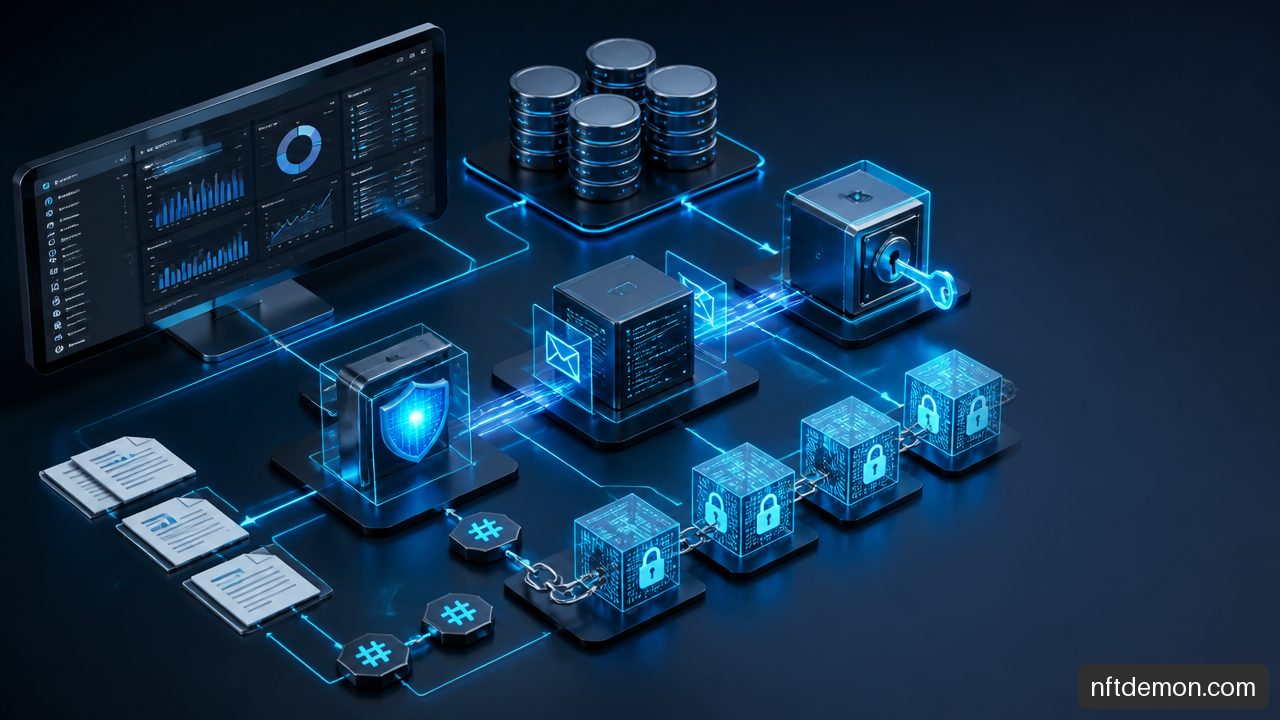 Enterprise ERP systems, databases, middleware, and a permissioned blockchain connected through secure integration flows.