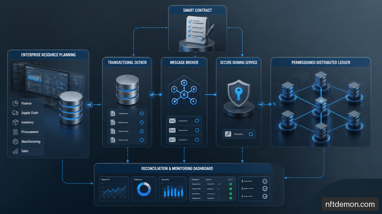 Hybrid blockchain integration workflow connecting an ERP database, event middleware, signing service, smart contract, and reconciliation controls.