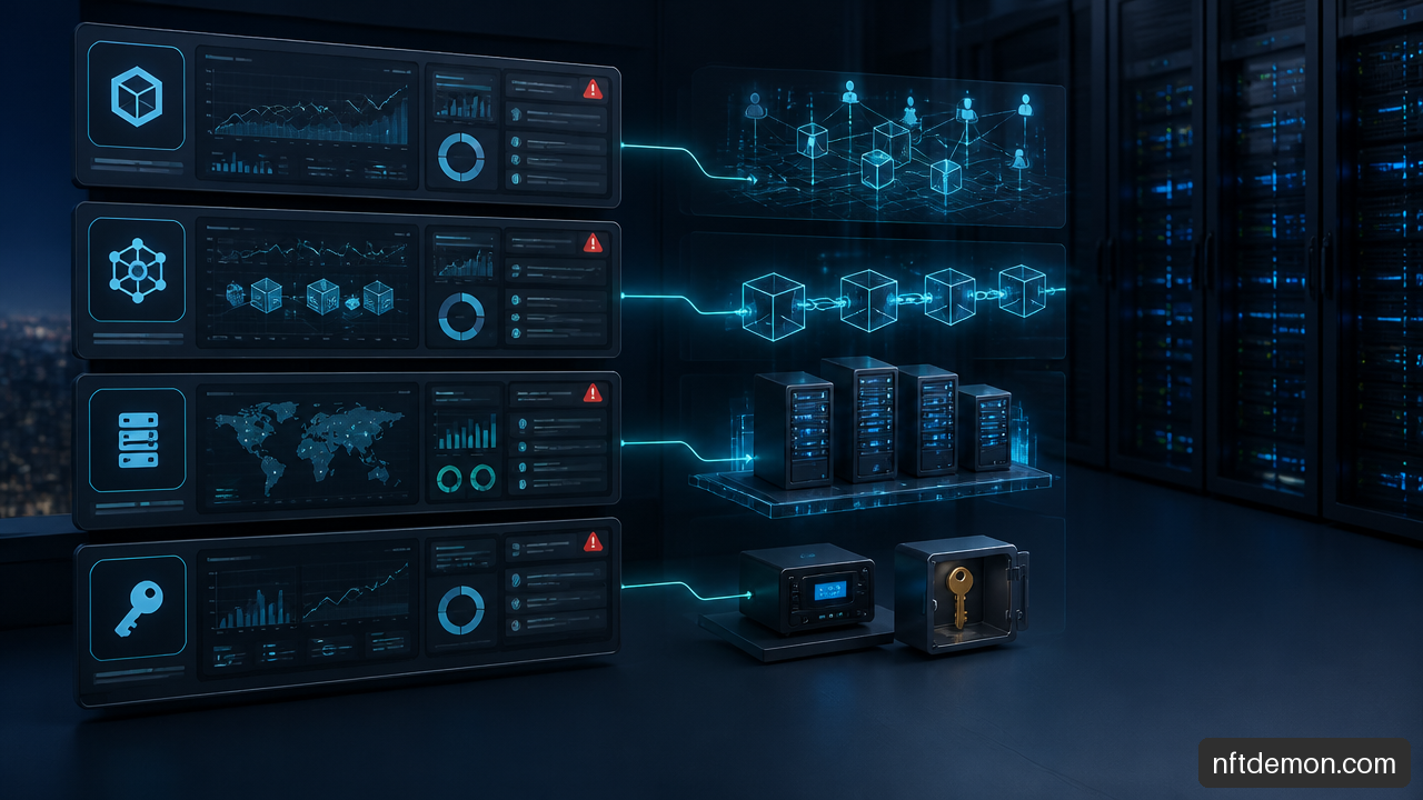 Four-layer monitoring model for business, ledger, infrastructure, and identity signals in a production blockchain system
