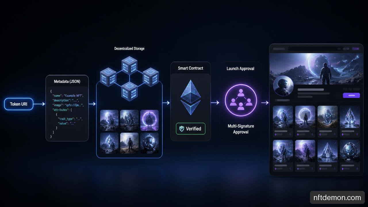NFT metadata, token URI, multisig security, contract verification, and marketplace indexing workflow.