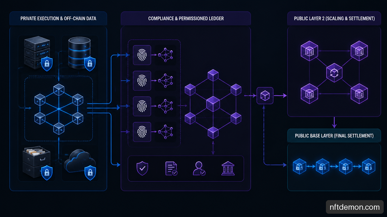 Diagram showing private enterprise execution, off chain confidential data, and public Layer 2 settlement.
