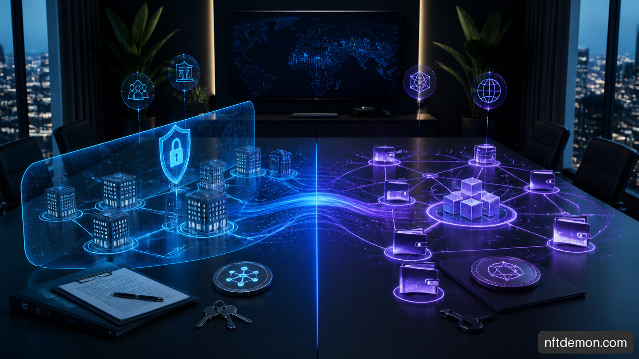 Illustration comparing a private permissioned enterprise blockchain with a public Layer 2 blockchain network.