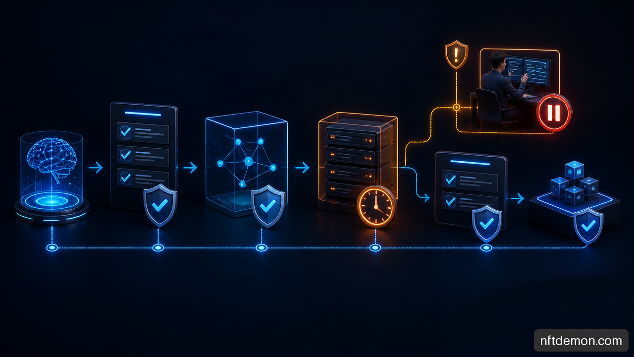 Diagram illustrating an AI agent proposal moving through policy validation, timelock queue, guardian cancellation, and smart contract execution.