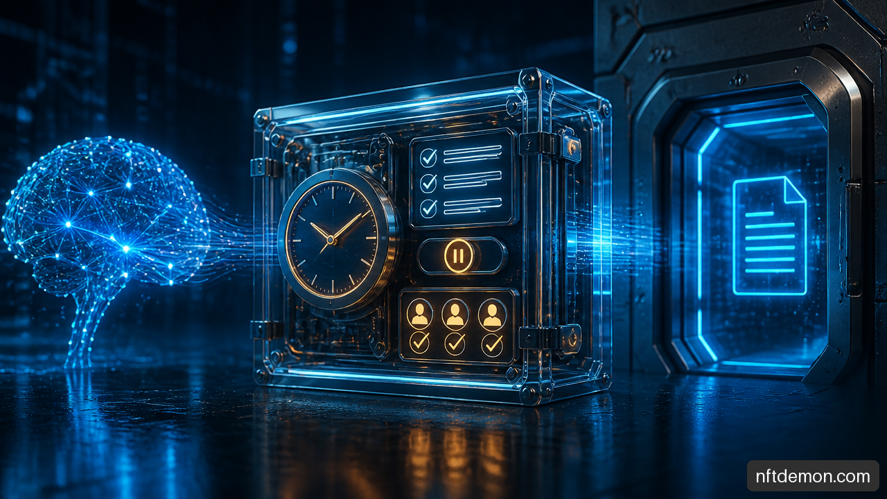 Illustration of an AI agent smart contract call passing through a time lock, policy engine, and emergency pause controls.