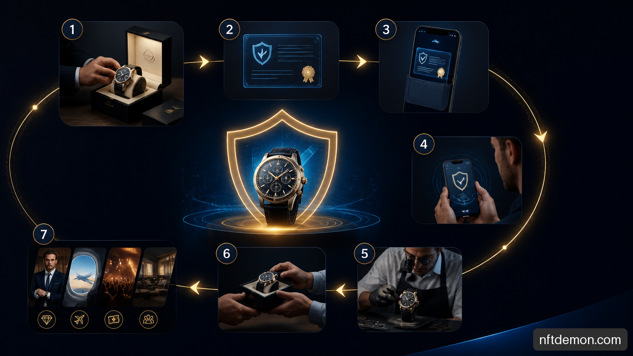 Digital ownership lifecycle connecting product authentication, customer access, after-sales service, and resale.