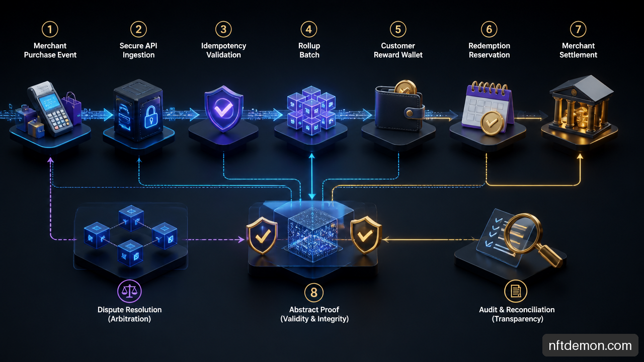 Diagram showing reward issuance, redemption, settlement, and reconciliation flows on a rollup based loyalty platform.