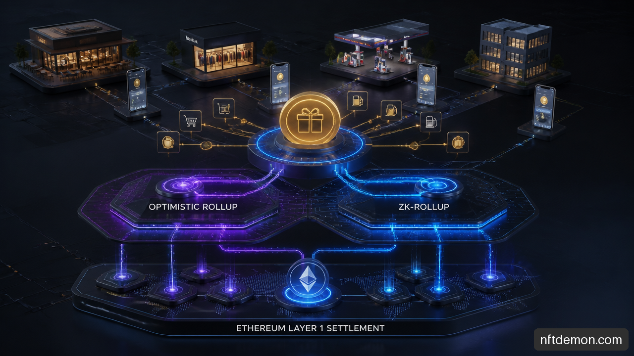 Illustration of optimistic and zk rollup pathways supporting a high throughput loyalty rewards ecosystem.
