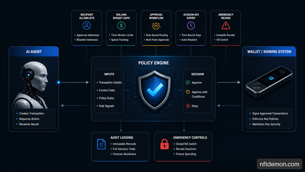 Diagram showing a policy engine enforcing spending limits and approvals before an AI agent wallet signs a crypto transaction.