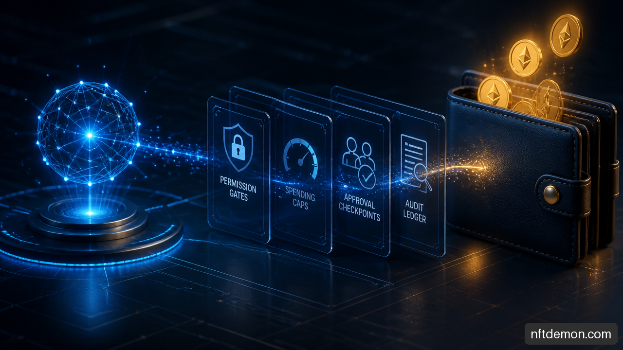 Illustration of an AI agent crypto wallet protected by enterprise permission controls and spending limits.
