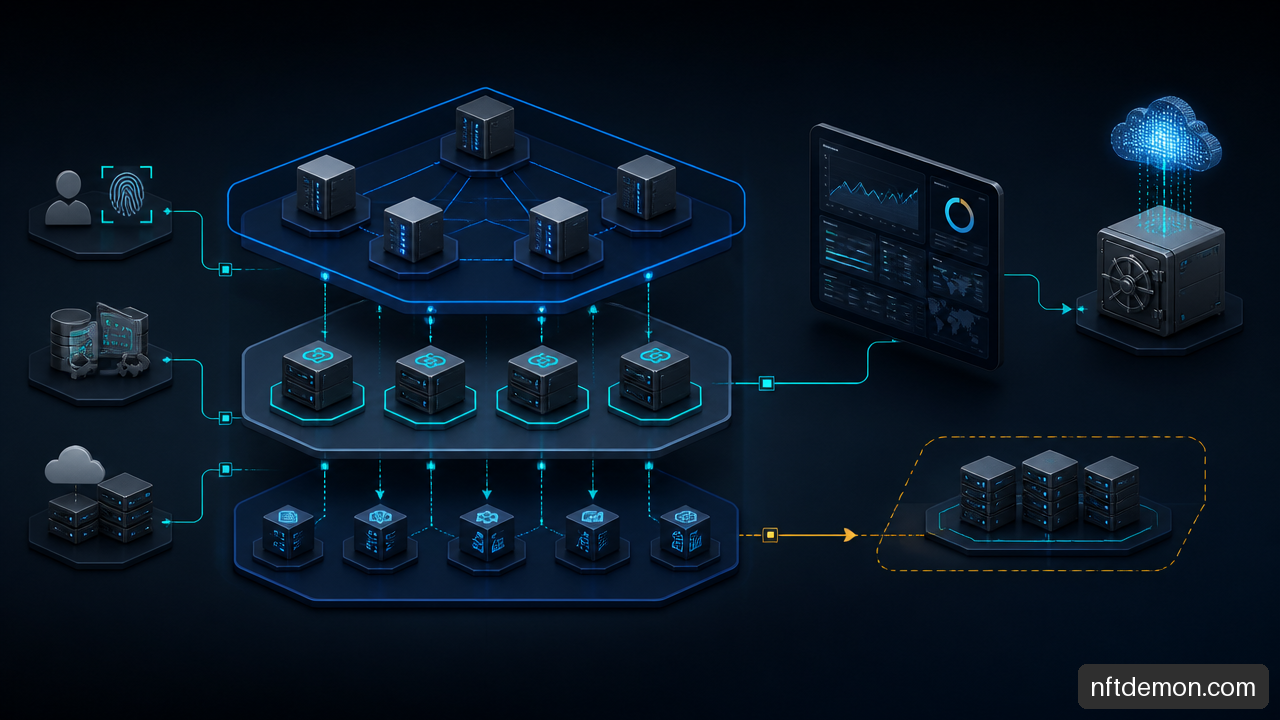 Enterprise blockchain architecture showing consensus nodes, application integrations, monitoring, and recovery controls.