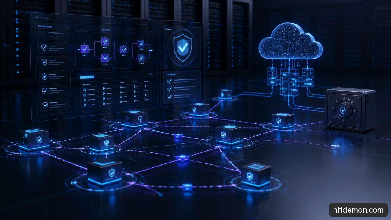 Enterprise blockchain production deployment controls showing secure nodes, governance approval, and encrypted infrastructure.