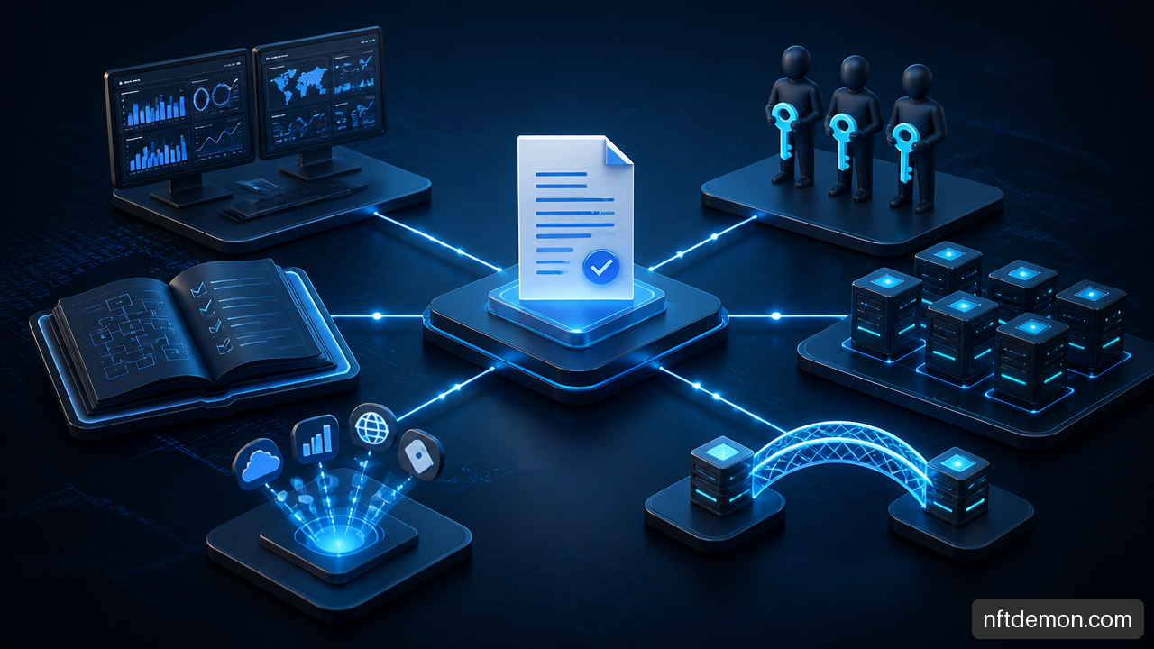 Blockchain maintenance handoff showing monitoring, multisignature controls, oracle and bridge dependencies, and incident runbooks.