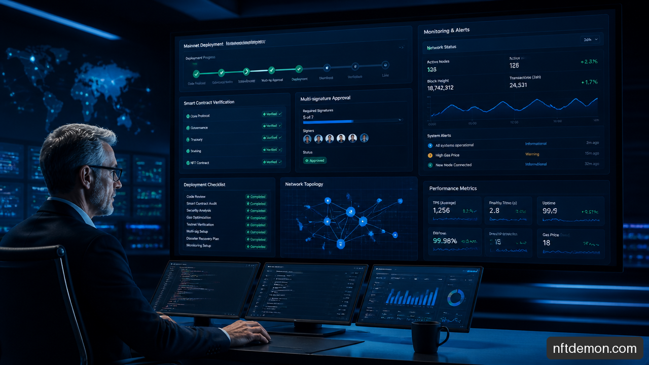 Executive reviewing a blockchain mainnet deployment dashboard with security approvals and monitoring.